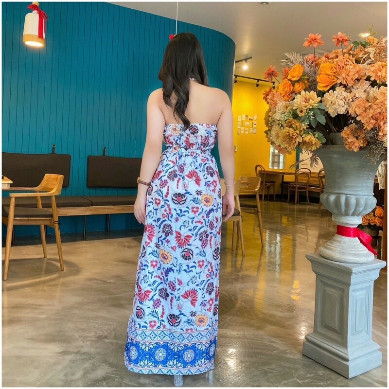 kudapy Set 2 ชิ้น เที่ยวทะเล เสื้อเกาะอกสายเดี่ยวคล้องคอพิมลาย + กางเกงกระโปรงยาวพิมลาย