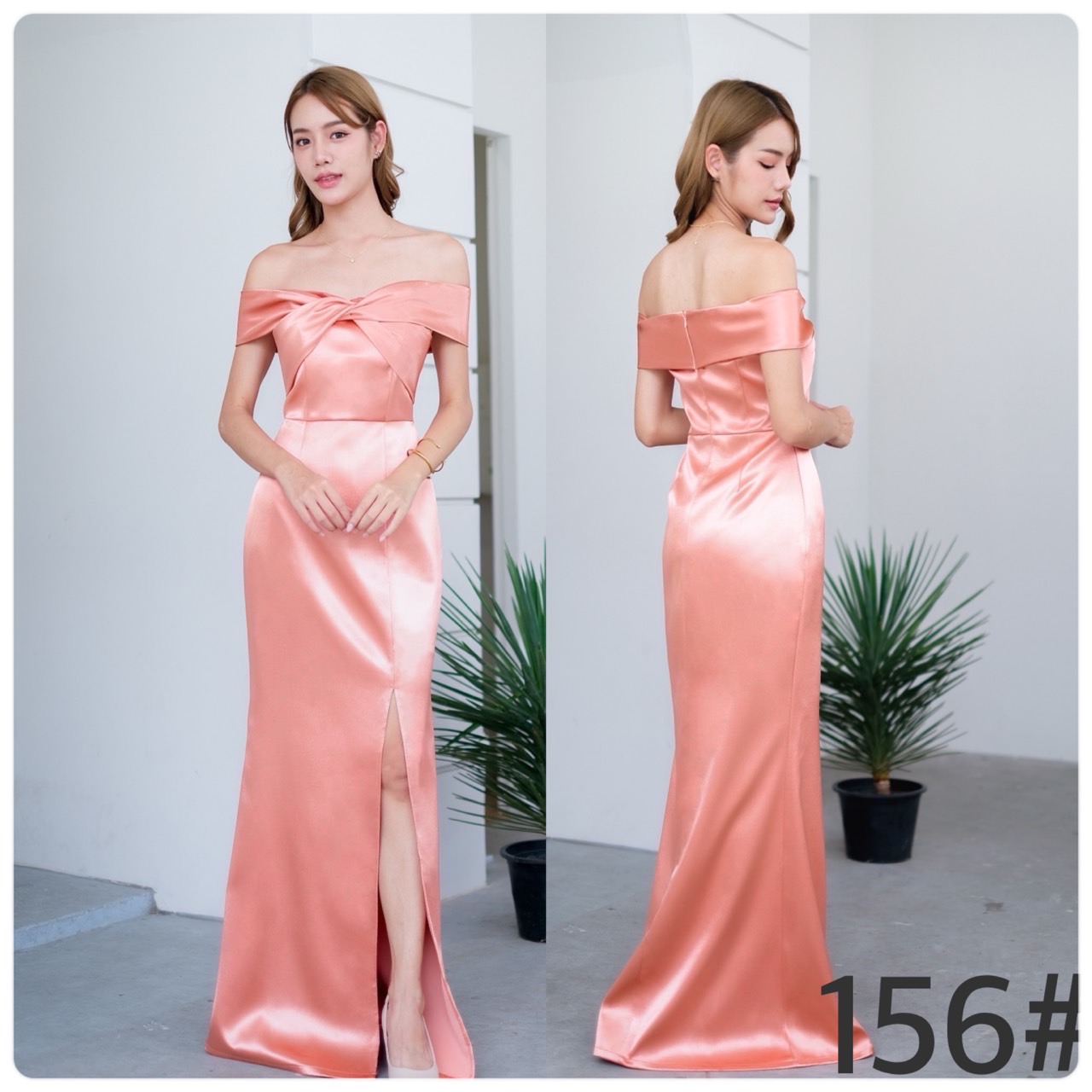 kudapy เดรสยาวเปิดไหล่ ปิดต้อนแขน สีฟ้า ,สีเขียวอมเทา ,สีขาว, สีทอง, สีชมพูกลีบบัว,สีแดง,สีเทา,สีทองโรสโกลด์ ไขว้ทวิชอก กระโปรงสอบ ซิปหลังใส่ง่าย ทรงยาวผ่าหน่า.