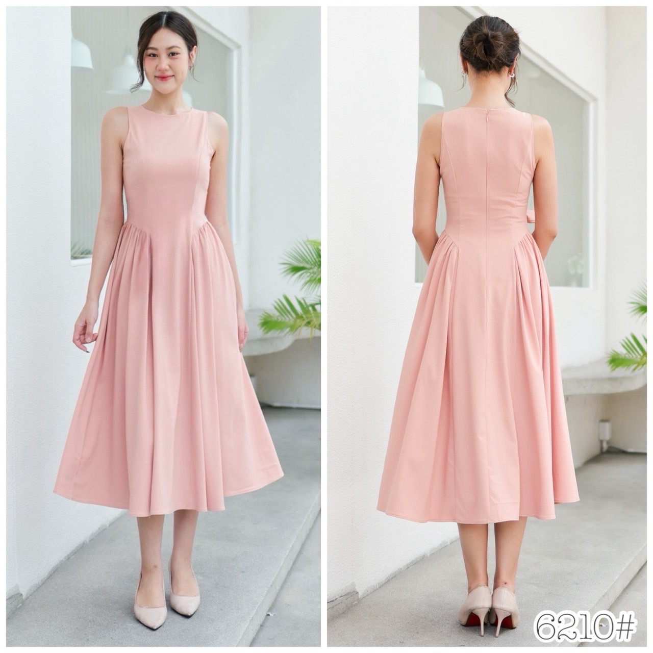 kudapy เดรสออกงาน แขนกุด คอกลม ทรงเก๋ กระโปรงบานพริ้ว แต่งจีบสะโพก มีริ้บบินโบว์ผูกหลัง