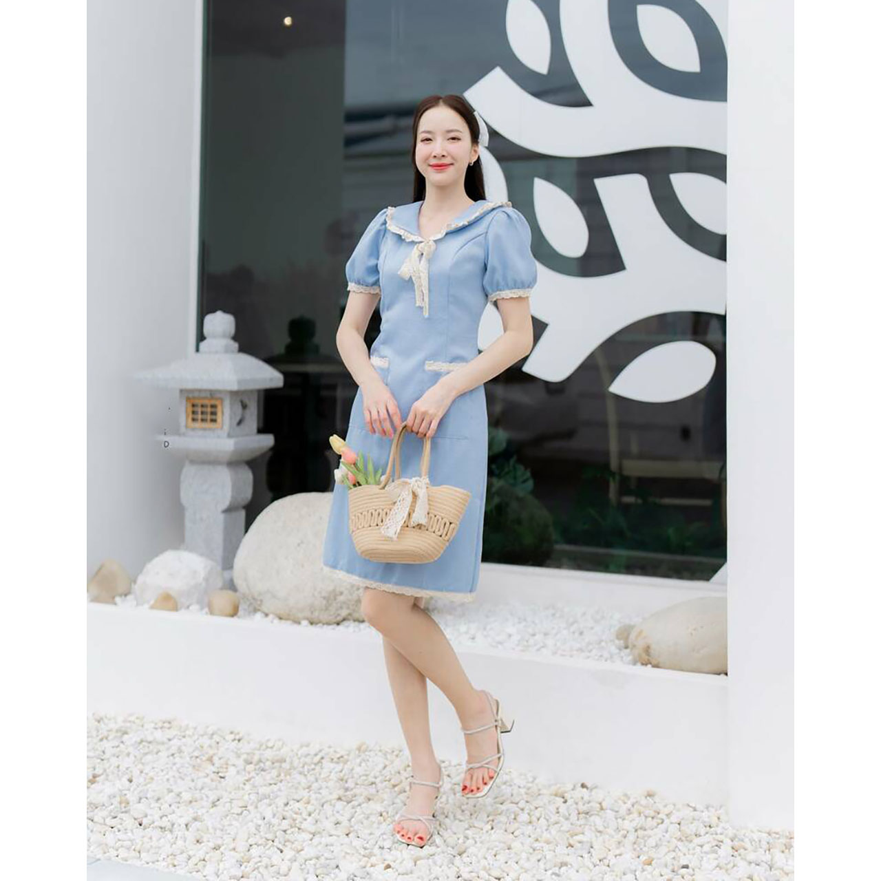 kudapy เดรสสั้สีชมพู/สีฟ้า/สีกรม คอปกแต่งลูกไม้แขนตุ๊กตา