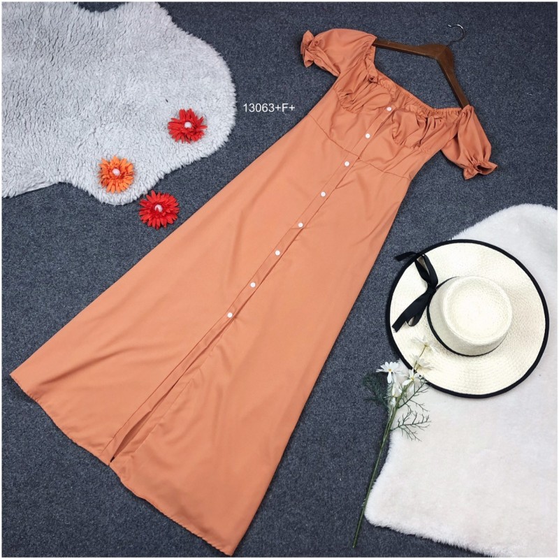 kudapy เดรสกระดุมผ่าหน้ายาวสีส้ม เขียว ม่วง คอกว้าง ผ้าไหมอิตาลี่ ใส่ได้ 2 แบบ ปาดไหล่