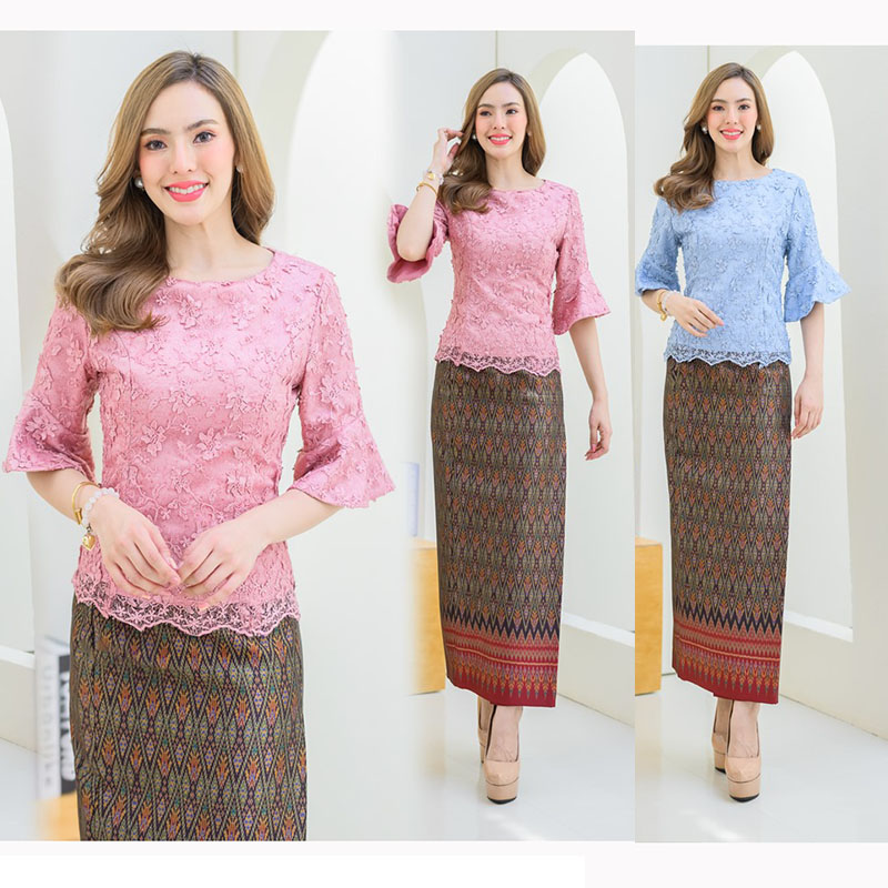 kudapy เสื้อเนื้อผ้าลูกไม้สีชมพู/สีน้ำเงิน ทอเนื้อแน่นมาก ดอกนูนลอยสามมิติ (เฉพาะเสื้อ)