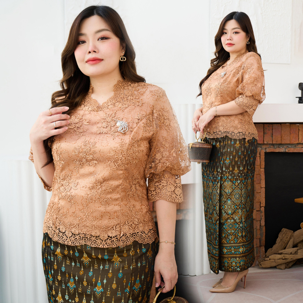 kudapy ชุดเซตออกงาน เสื้อผ้าลูกไม้สีเหลืองทอง ทรงกลมสูง + ผ้าถุงทอลายกาฬสินธุ์