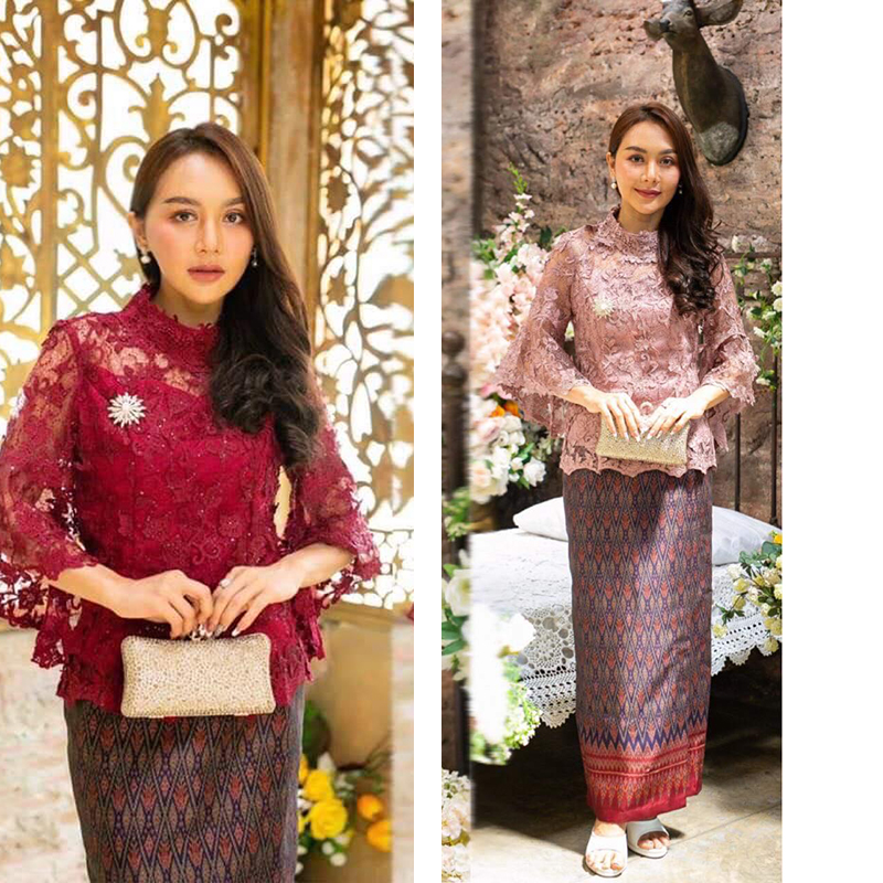 kudapy ชุอเซทเสื้อลูกไม้+ผ้าถุง เสื้อผ้าใยบวบผสมเลื่อมเกรดพรีเมี่ยมสีแดงไวน์/สีชมพูกะปิ ซิปหลัง มีซับทั้งตัว