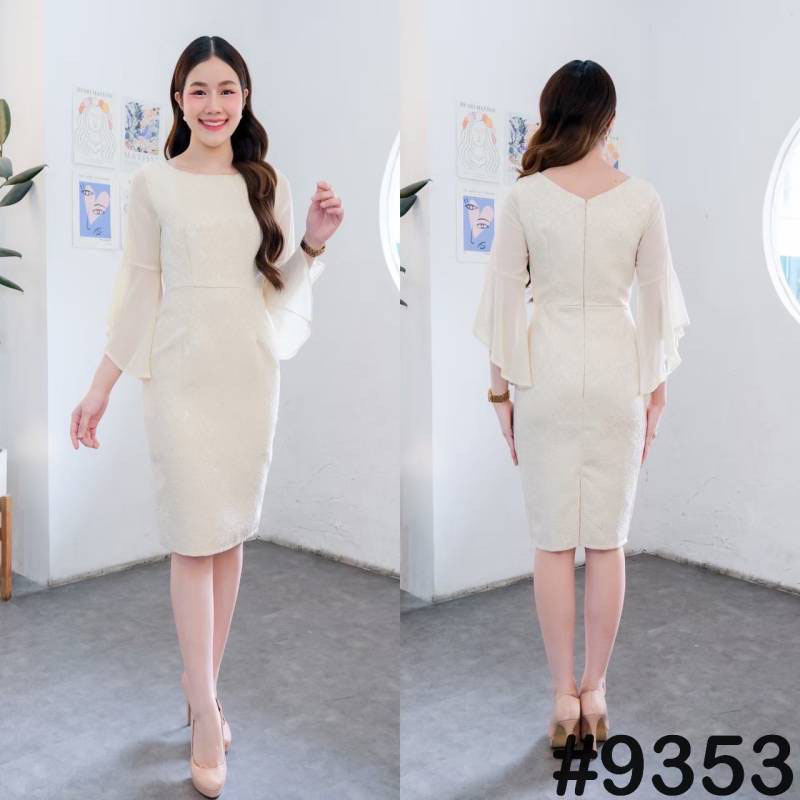 kudapy เดรสสั้นออกงานสีครีม/สีฟ้า/สีชมพู คอกลม แขนชีฟองต่อปลายแขนไล่ระดับ ด้านหลังแต่งคอวี