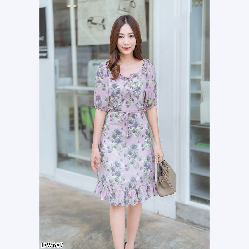 kudapy เดรสสั้นลายดอกคอเหลี่ยมสีชมพู,เขียว,ดำ ลายดอกเกาหลีสวยน่ารักสไตส์คุณหนูมากๆ