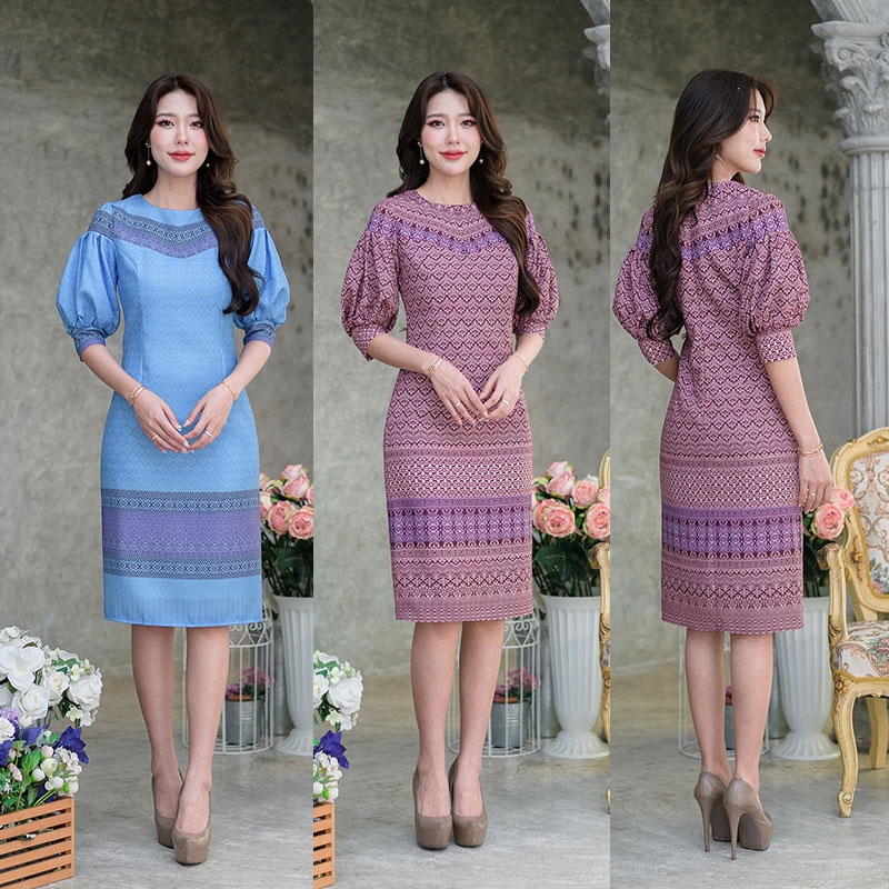 kudapy เดรสสั้นสีม่วงเปลือกมังคุด/สีฟ้า ลายไทย งานพิมพ์ผ้าลายสวย ผ้าเนื้อนิ่มใส่สบาย ดีไซน์แขนพองบอลลูนแต่รุ่นนี้เราจั้มปลายแขนทรงแขนจะพองสวยมาก