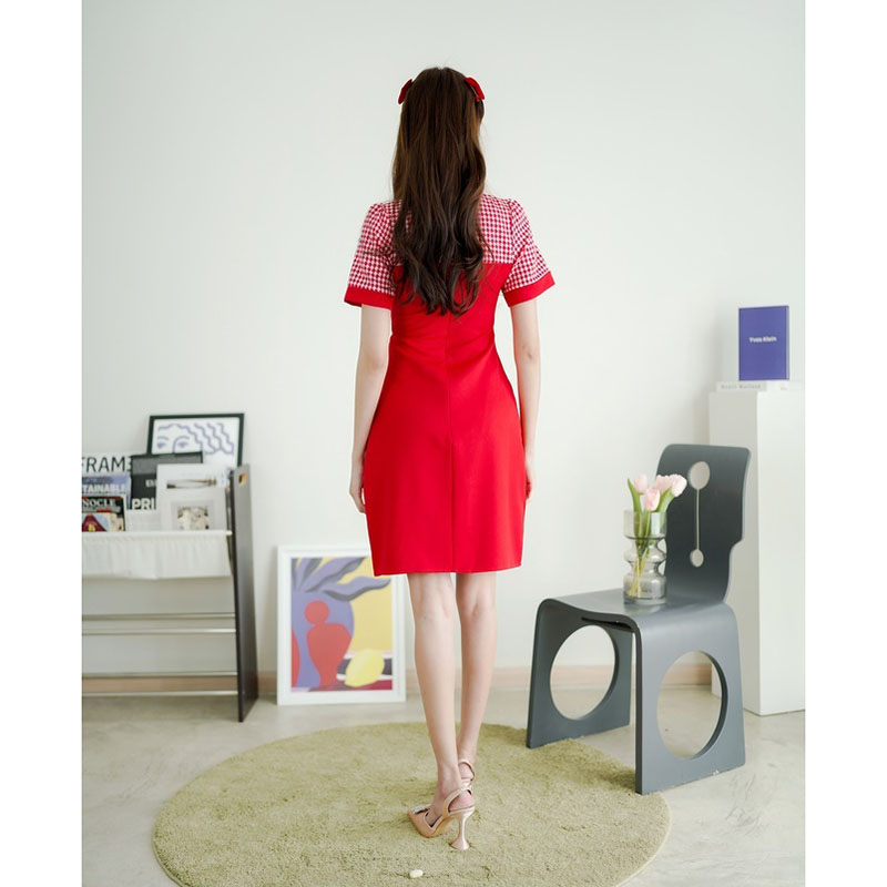kudapy เดรสสั้นสีแดง/สีชมพู/สีดำ สก็อตผูกโบว์ สวยดูดีใส่สบาย