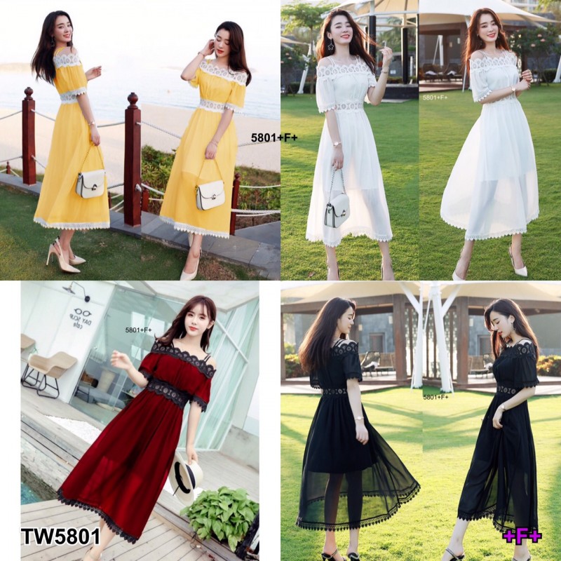 kudapy เดรสตัวยาวสีขาว ชมพู ดำ แดง เหลือง สายเดี่ยว2เส้น ดีไซน์ปาดไหล่ ผ้าชีฟอง ปาดไหล่ลูกไม้ถักทออย่างละเอียด