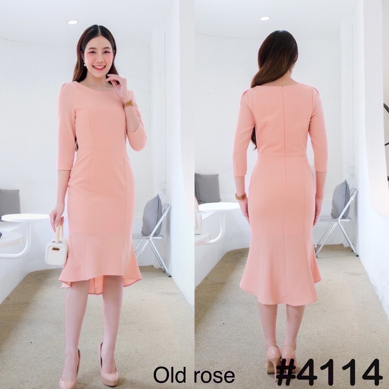 kudapy เดรสแขน3/4 กระโปรงทรงหางปลา เรียบหรูสุดๆ ใส่ไปงาน ผ้าเครปเกาหลี หนานุ่ม เด้งดึ๋ง ใส่สบาย