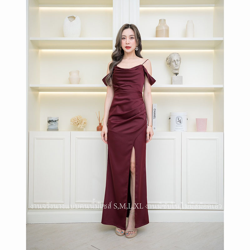 kudapy เดรสยาวเปิดไหล่ใส่ออกงาน สีชมพู/สีกรม/สีน้ำตาลอิฐ/สีแดงเลือดหมู ซับในทั้งชุด ผ้าเครปซาตินเนื้อดี
