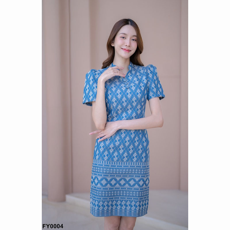 kudapy เดรสสั้นสีเทา/สีกรม/สีชมพู ผ้าไทยคอปีนลายขอ