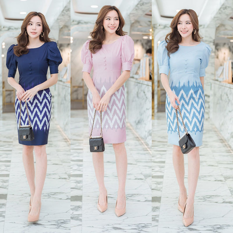 kudapy เดรสผ้าไทยแขนพองสีฟ้า/สีกรม/สีชมพู กระดุมหน้าลายไทย สวยดูดี ใส่สบาย