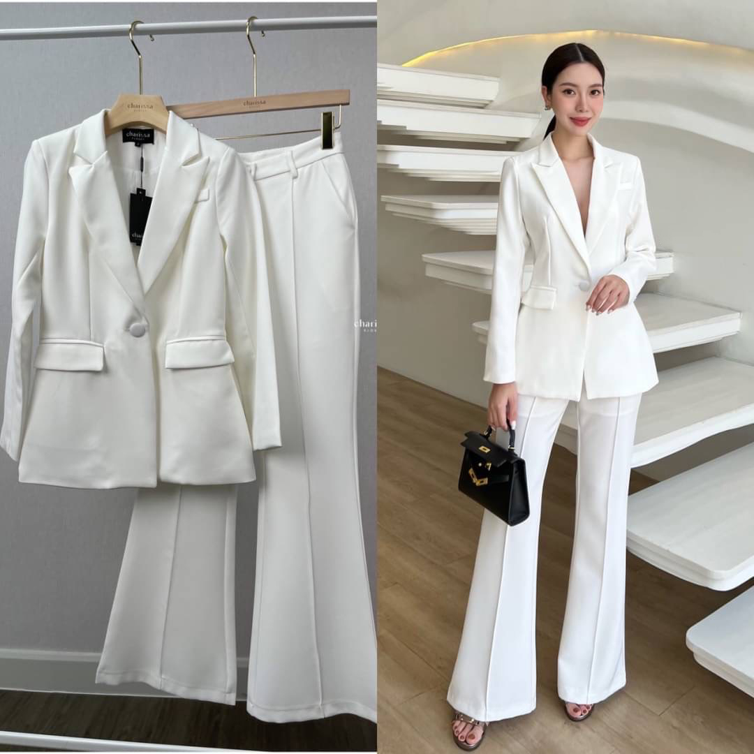 kudapy setsuit เสื้อ+กางเกง ตัวเสื้อออกแบบให้มีกระดุมปั้มผ้าเดียวกับสูท 1 เม็ดติดได้จริง กระเป๋าจริง มีซับในทั้งตัว