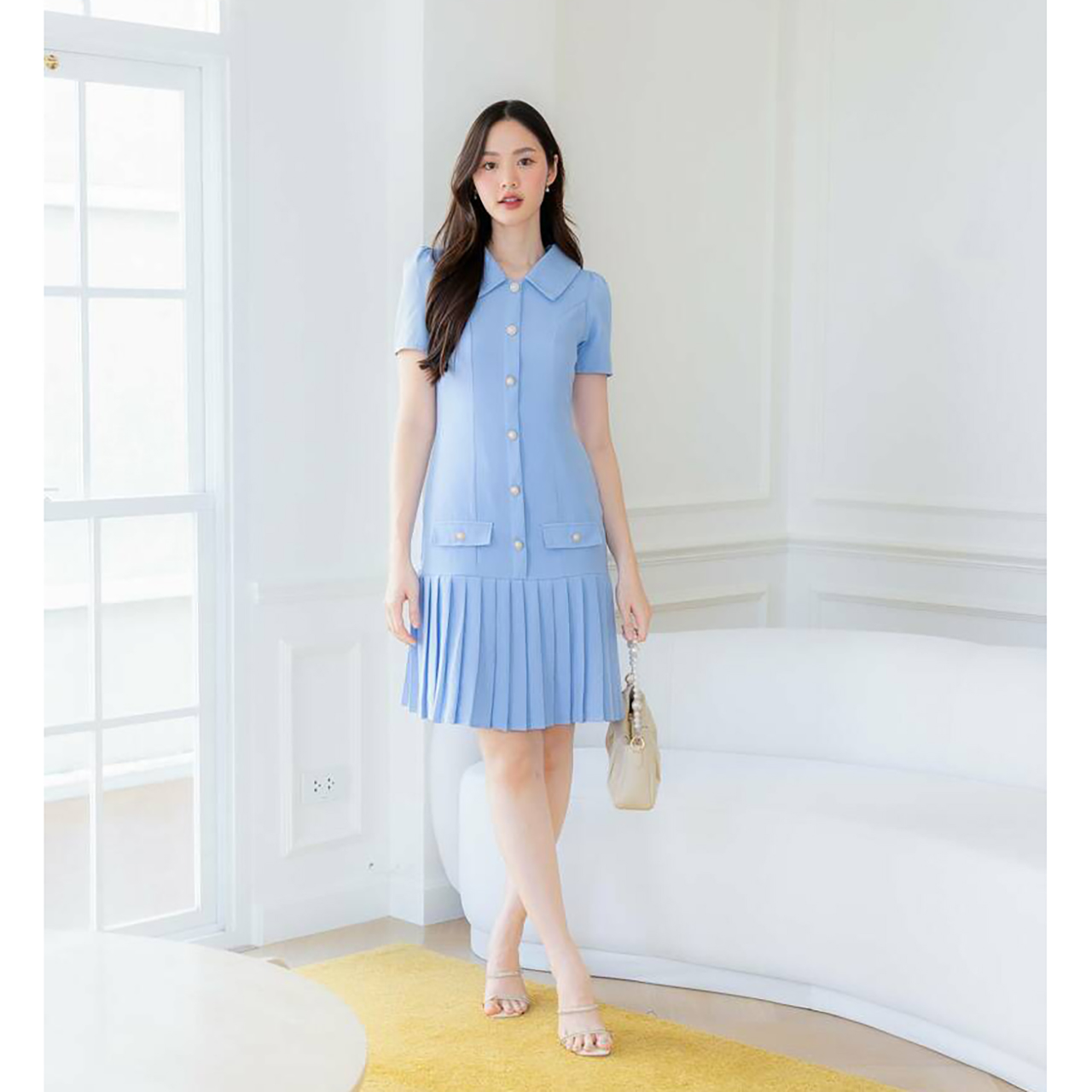 kudapy เเดรสสั้นสีชมพู/สีม่วง/สีฟ้า เดรสคอปกกระดุมมุกกระโปรงพลีท