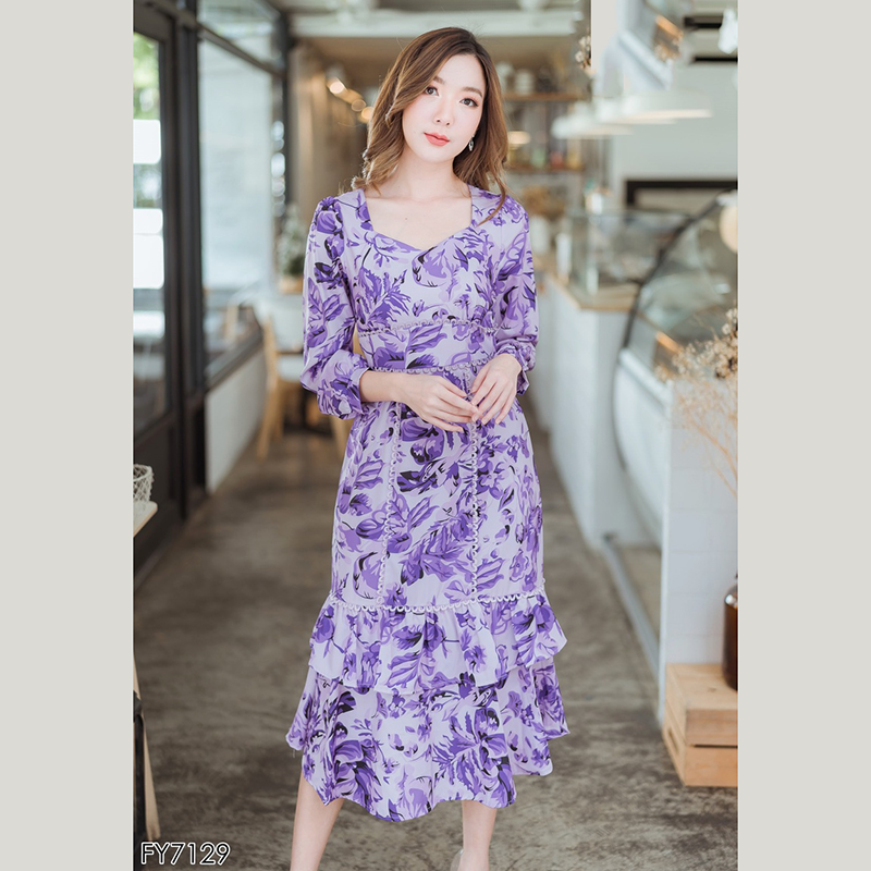 kudapyเดรสสั้นสีชมพู/ม่วง แขนยาวลายดอกไม้สวยดูดีน่ารัมากๆ