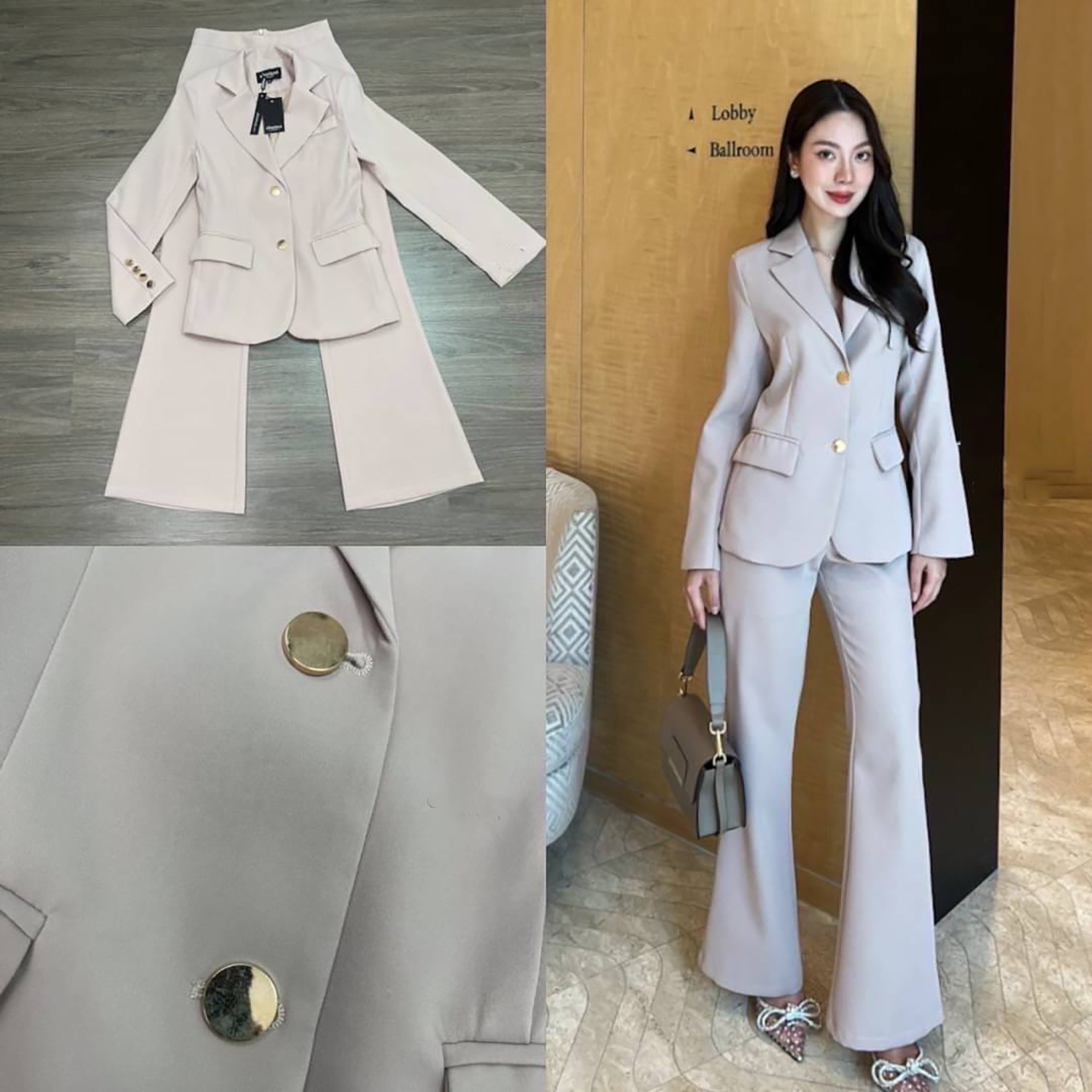 kudapy setsuit เสื้อ+กางเกง ตัวเสื้อแต่งกระดุมทอง 2 เม็ดติดได้ มีซับในทั้งตัว ปลายแขนเสื้อแต่งกระดุมทองเม็ดเล็ก