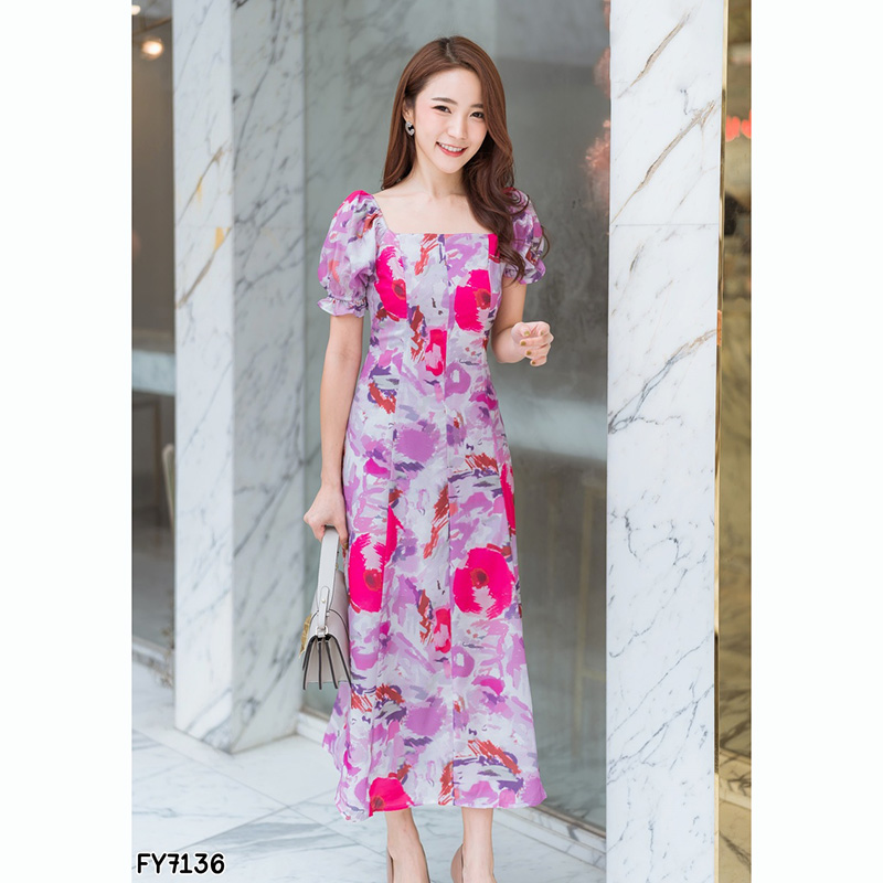 kudapy เดรสสั้นสีเขียว/สีม่วง คอเหลี่ยมแขนตุ๊กตาสวยดูดีใส่สบาย