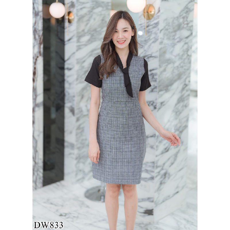 kudapy เดรสสั้นสีดำ/สีน้ำตาล/สีกรม ลายสก๊อตแขนตุ๊กตา