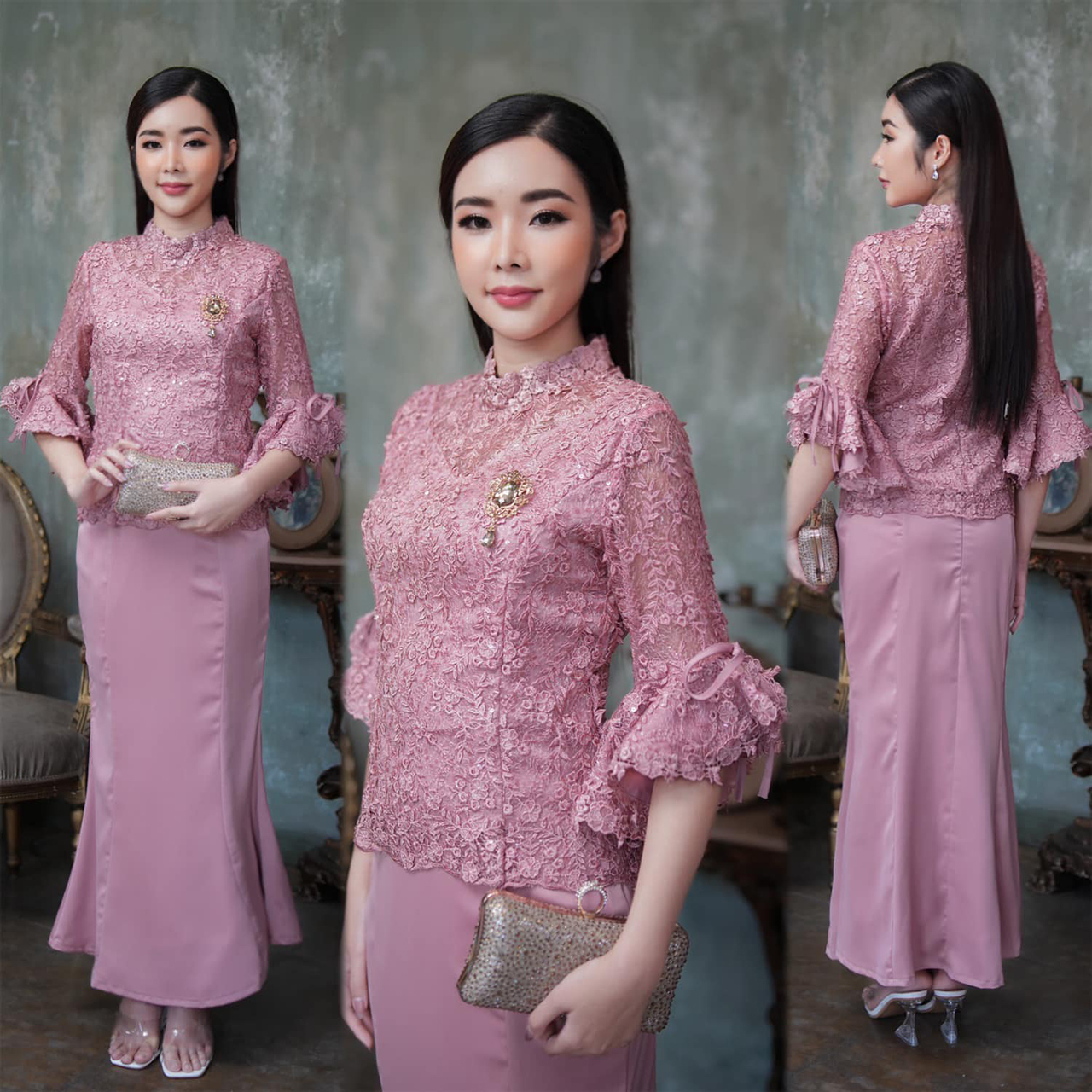 kudapy ชุดลูกไม้ใยบวบสีชมพูกลีบบัว/สีเขียวหยก ดอกลอยสามมิติคอปีนแต่งด้วยลูกไม้ลายดอก