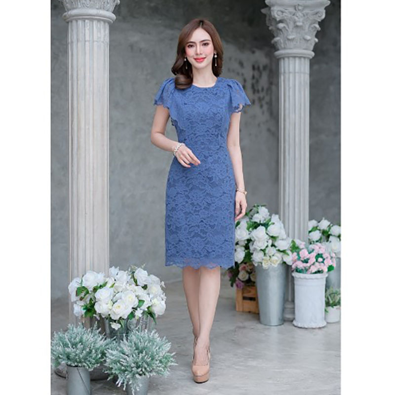 kudapy เดรสสั้นสีฟ้าคราม/สีครีม ลูกไม้แขนปีก สวยหวาน ลายลูกไม้สวย ใช้ผ้าลูกไม้อย่างดี ชุดนี้ใช้เชิงลูกไม้ทำระบายช่วงแขนและชายกระโปรง