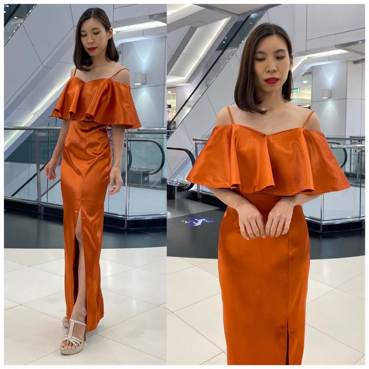 kudapy เดรสยาวออกงาน สายเดี่ยว เปิดบ่าระบาย พรางอก จะสาวอกเล็กหรืออกใหญ่ใส่สวย กระโปรงผ่าหน้า เนื้อผ้าดัขเชสอัดกาว สวยเงา วาวอยู่ทรง