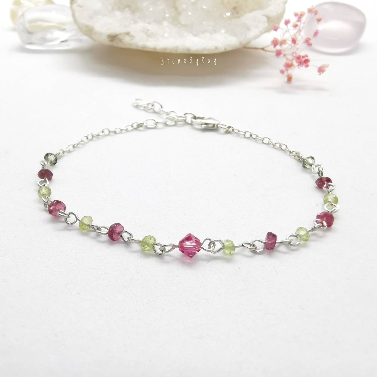 สร้อยข้อมือเงินหินทัวมาลีน+เพอริดอท Tourmaline+Peridot