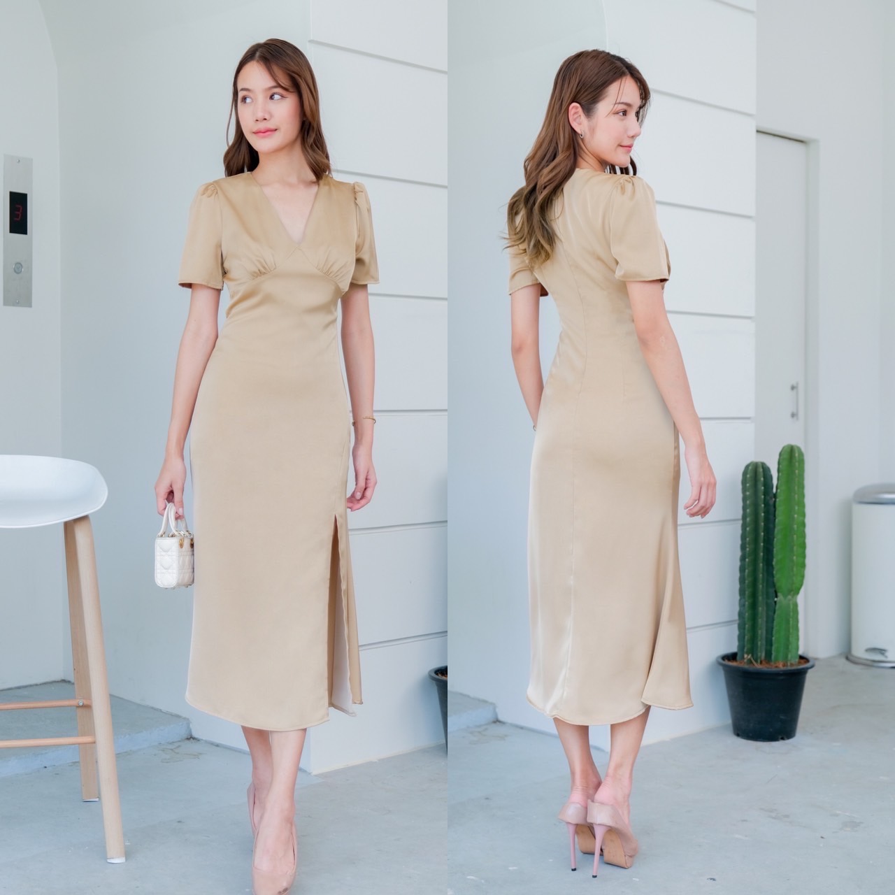 kudapy เดรสยาวสีชมพู ครีมแชมเปญ นำ้ตาล กรมท่า เหลืองมะนาว แขนสั้น เครปซาติน คอวี จีบใต้อก ตีเกร็ดเอว กระโปรงทรงทรงเอ