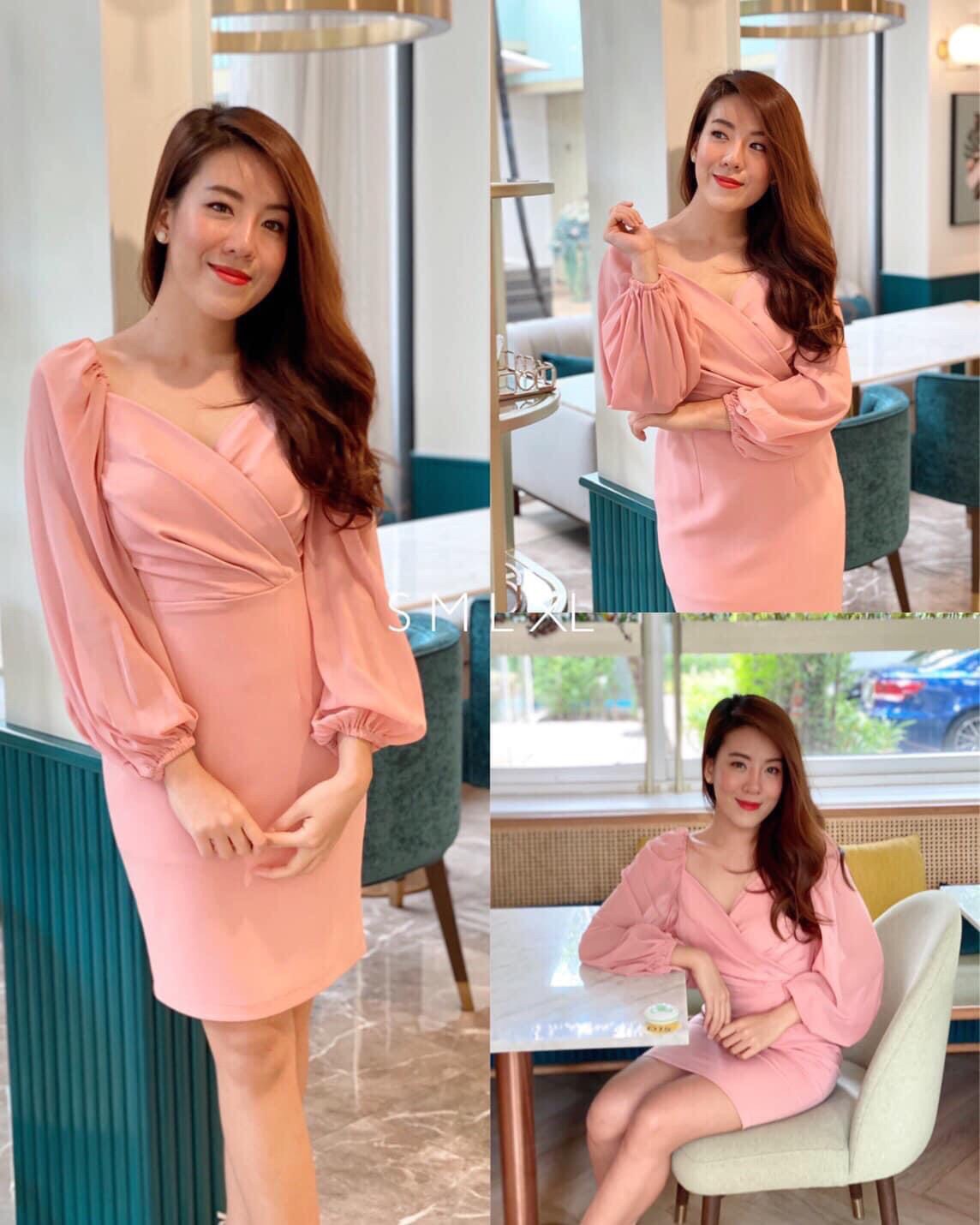 kudapy เดรสสั้นป้ายอก สีแดงเลือดหมู ,กรมท่า ,ขาว ,โอวัลติน เดรสแขนยาวชีฟองดึงยางหัวแขน ผ้าฮานาโกะ