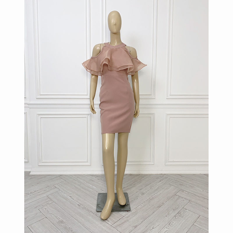 kudapy เดรสสั้นสีชมพู/สีกรม/สีฟ้า/สีโอวันติน มินิเดรสเว้าไหล่แต่งระบาย