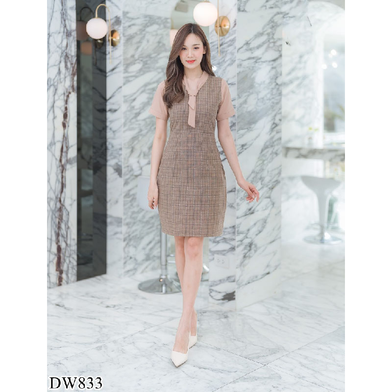 kudapy เดรสสั้นสีดำ/สีน้ำตาล/สีกรม ลายสก๊อตแขนตุ๊กตา