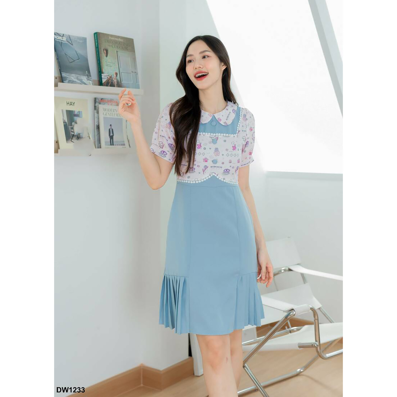 kudapy เดรสสั้นสีม่วง/สีฟ้า/สีชมพู ผ้าพื้นคอบัวกั๊กลาย ใส่ทำงาน ใส่เที่ยวสวยดูดี