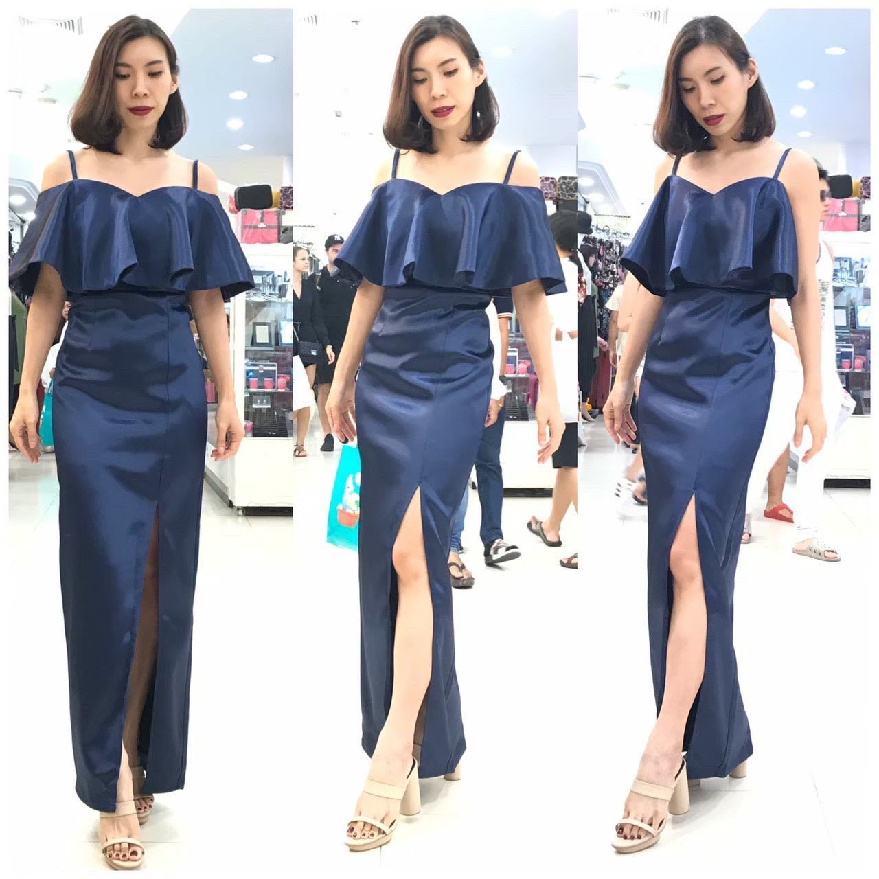 kudapy เดรสยาวออกงาน สายเดี่ยว เปิดบ่าระบาย พรางอก จะสาวอกเล็กหรืออกใหญ่ใส่สวย กระโปรงผ่าหน้า เนื้อผ้าดัขเชสอัดกาว สวยเงา วาวอยู่ทรง