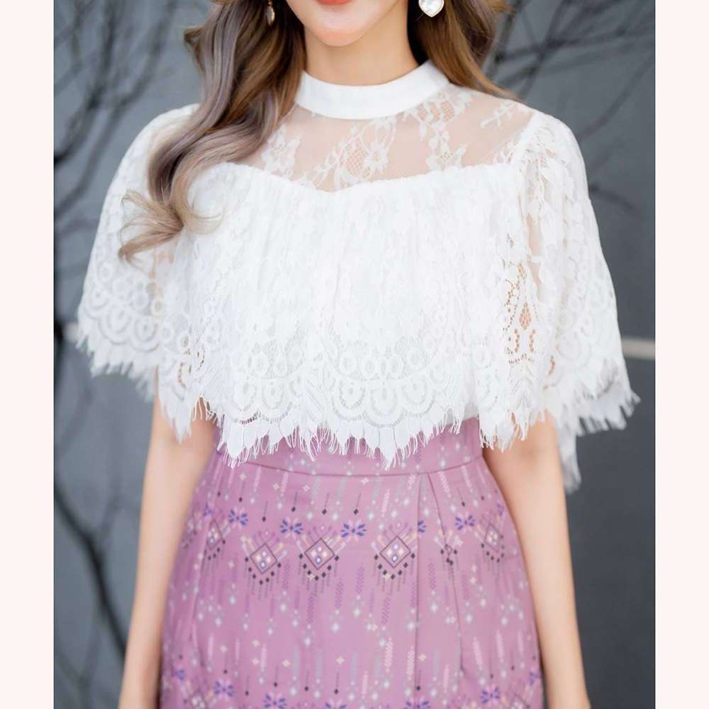 kudapy เซตเสื้อลูกไม้ขาว+ผ้าถุงลายไทยพิมพ์ลาย สีชมพู สีกรมท่า สีฟ้าน้ำทะเล สวยเรียบหรู ดูแพงมาก ดีไซส์น่ารักๆๆใส่ได้ทุกโอกาส