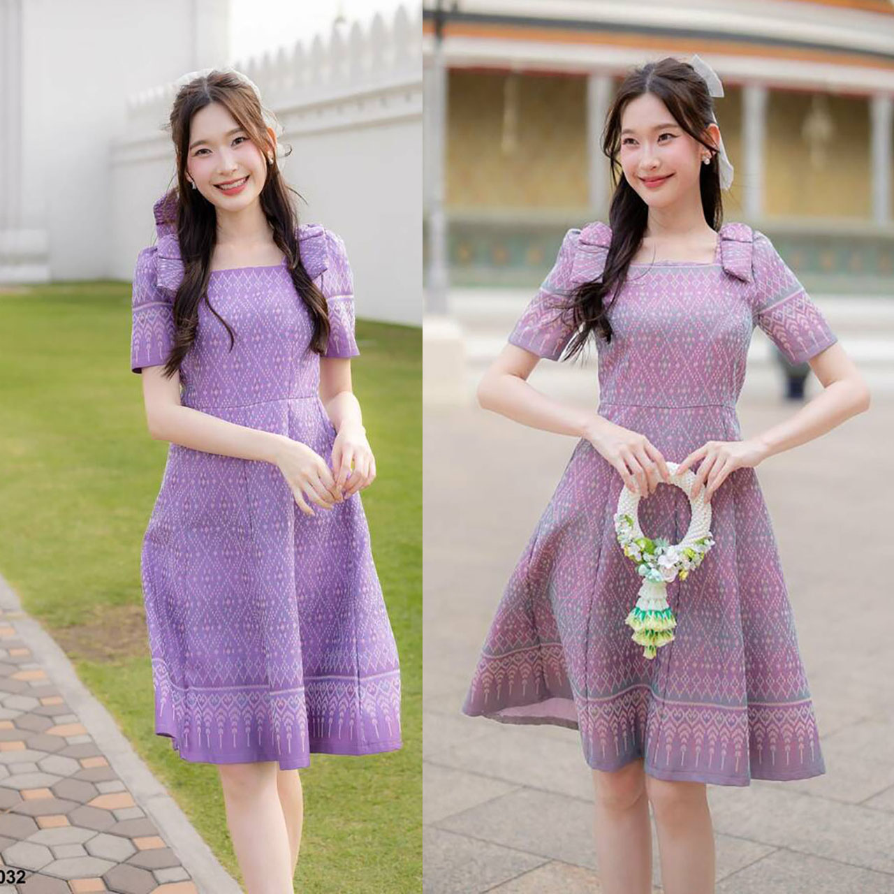 kudapy เดรสสั้นสีชมพู/สีม่วง ผ้าไทยโบว์ไหล่ทรงบาน ใส่ออกงานสวยดูดี