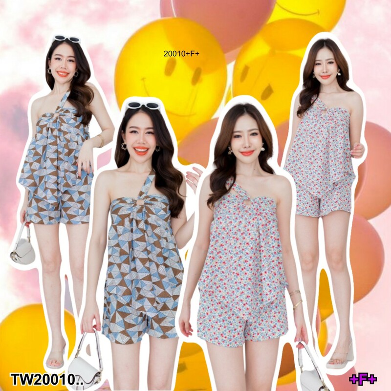 kudapy Set 2 ชิ้น เซทเสื้อเกาะอก+กางเกงขาสั้นเอวสูง ซิบหน้า เนื้อผ้าคอตตอลนิ่มพิมพ์ลาย