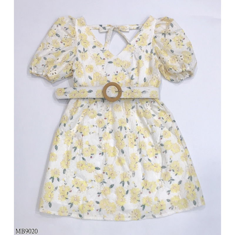 kudapy เดรสสั้นสีม่วง/สีเหลือง ผ้าฉลุพิมพ์ลายดอก+เข็มขัด