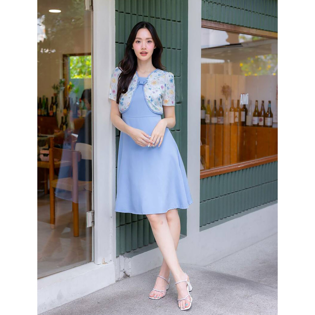 kudapy เดรสสั้นสีชมพู/สีม่วง/สีฟ้า กระโปรงบานกั๊กลายดอก