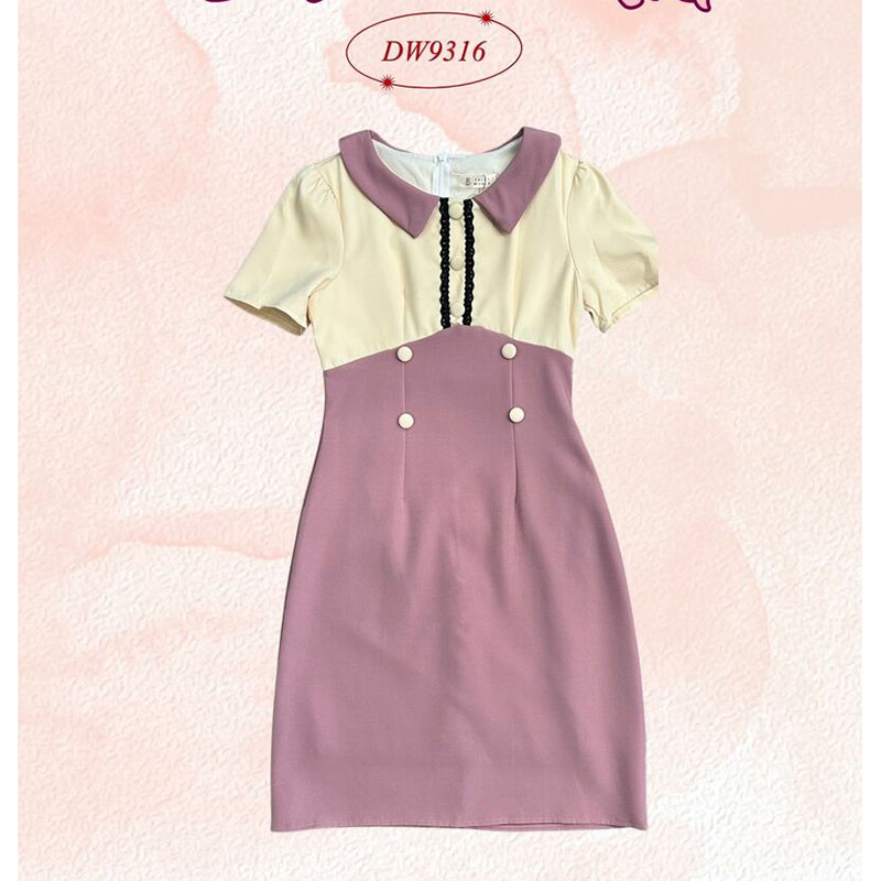 kudapy มินิเดรสสั้นสีเขียว/สีกรม/สีชมพู ทรงเข้ารูป คอปก แต่งกระดุมปักผ้าระบายสีดำ