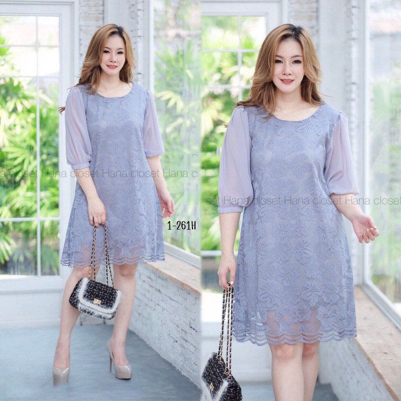 kudapy เดรสสั้นผ้าลูกไม้คอกลม แขนชีฟร็องสามส่วน ทรงเอ ผ้าลูกไม้เนื้อนิ่ม ใส่สบาย มีซับทั้งชุด