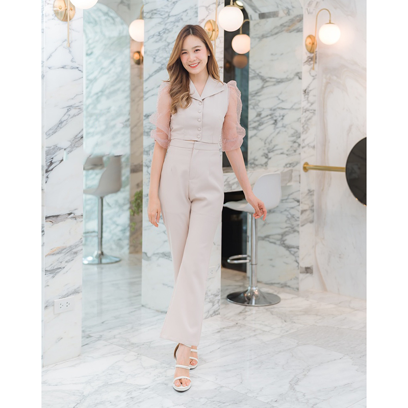 kudapy ชุดเซทเสื้อแขนยาวชีฟองสีดำ/สีครีม เข้าชุดกับการเกงขายาว ใส่สวยดูดี