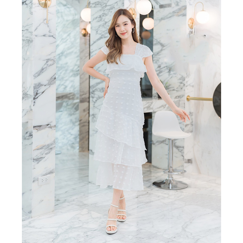 kudapy เดรสยาวสีชมพู/สีขาว/สีเขียว ชีฟองจุดอกระบาย