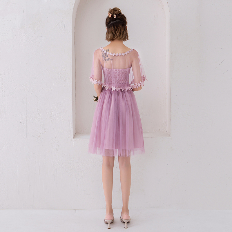 kudapy เดรสราตรีสั้นสีชมพู,ม่วง ออกงานเกาะอก + ผ้าคลุมซีทรู