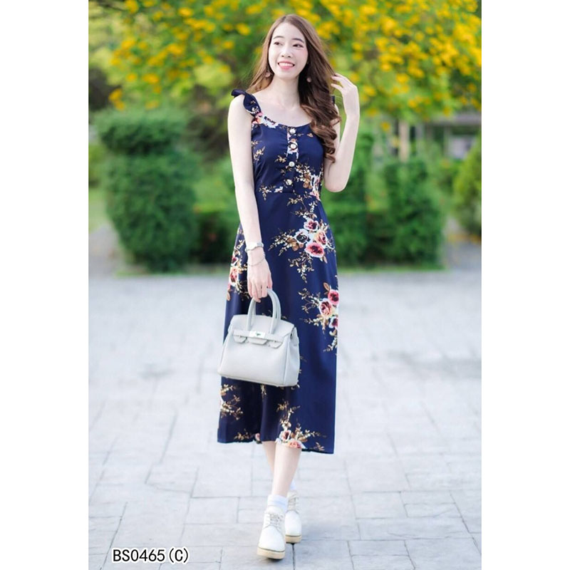 kudapyดรสยาวสีขาว/นุ้ด/แดง/ชมพู/กรมท่า ระบาย ติดกระดุมอก เนื้อผ้าหางกระรอกพิมลายดอกไม้ เอวยืดสม็อคหลัง มีซับใน