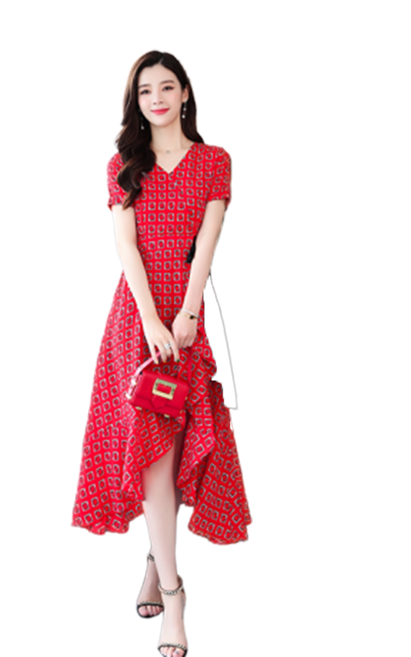 ชุดเดรสผ้าโพลีเอสเตอร์ผสมสีแดง ลายสี่เหลี่ยม สวยเก๋