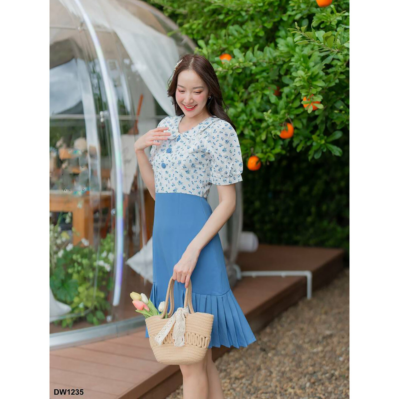 kudapy เดรสสั้นสีชมพู สีกรม สีน้ำเงินเข้ม คอบัวเสื้อลายดอกกระโปรงผ้าพื้น