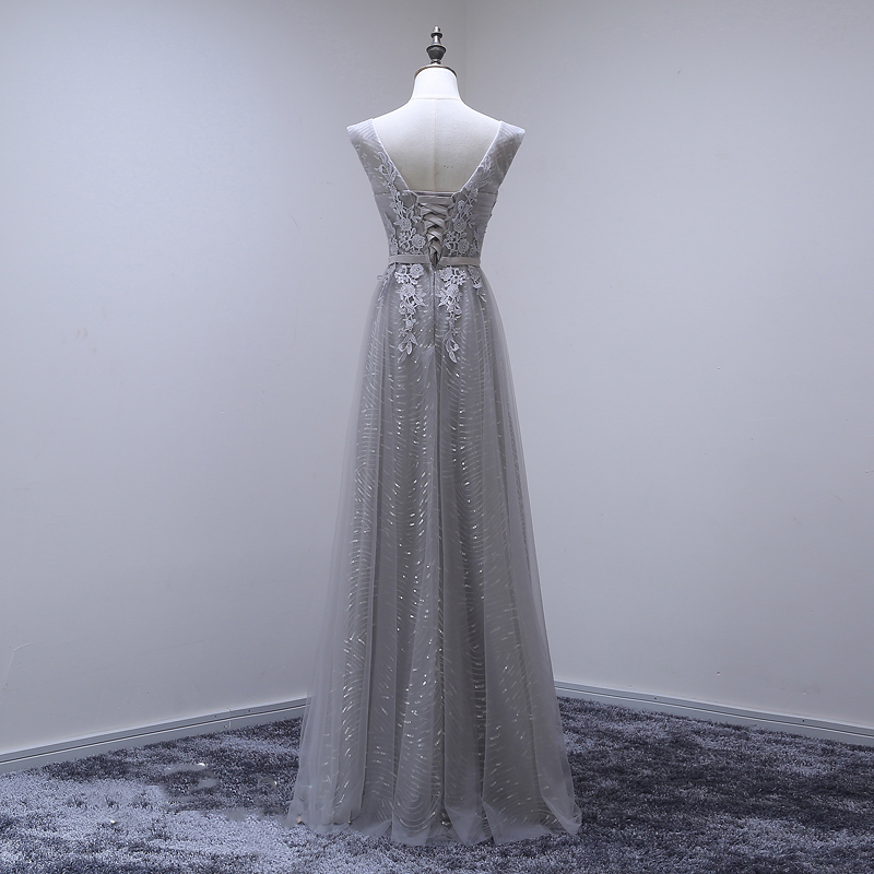 kudapy ชุดราตรียาวสีชมพู/เทา แขนกุด แต่งลายลูกไม้ ผ้าตาข่าย ข้างในปักเลื่อมสวย