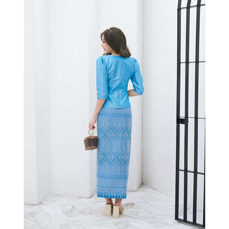 kudapy ชุดเซทชุดไทยประยุกต์สีเขียว/สีฟ้า งานไหม 3 เส้น 4 ตะกอ ใส่ออกงานสวยดูดี คุณนายมากๆ