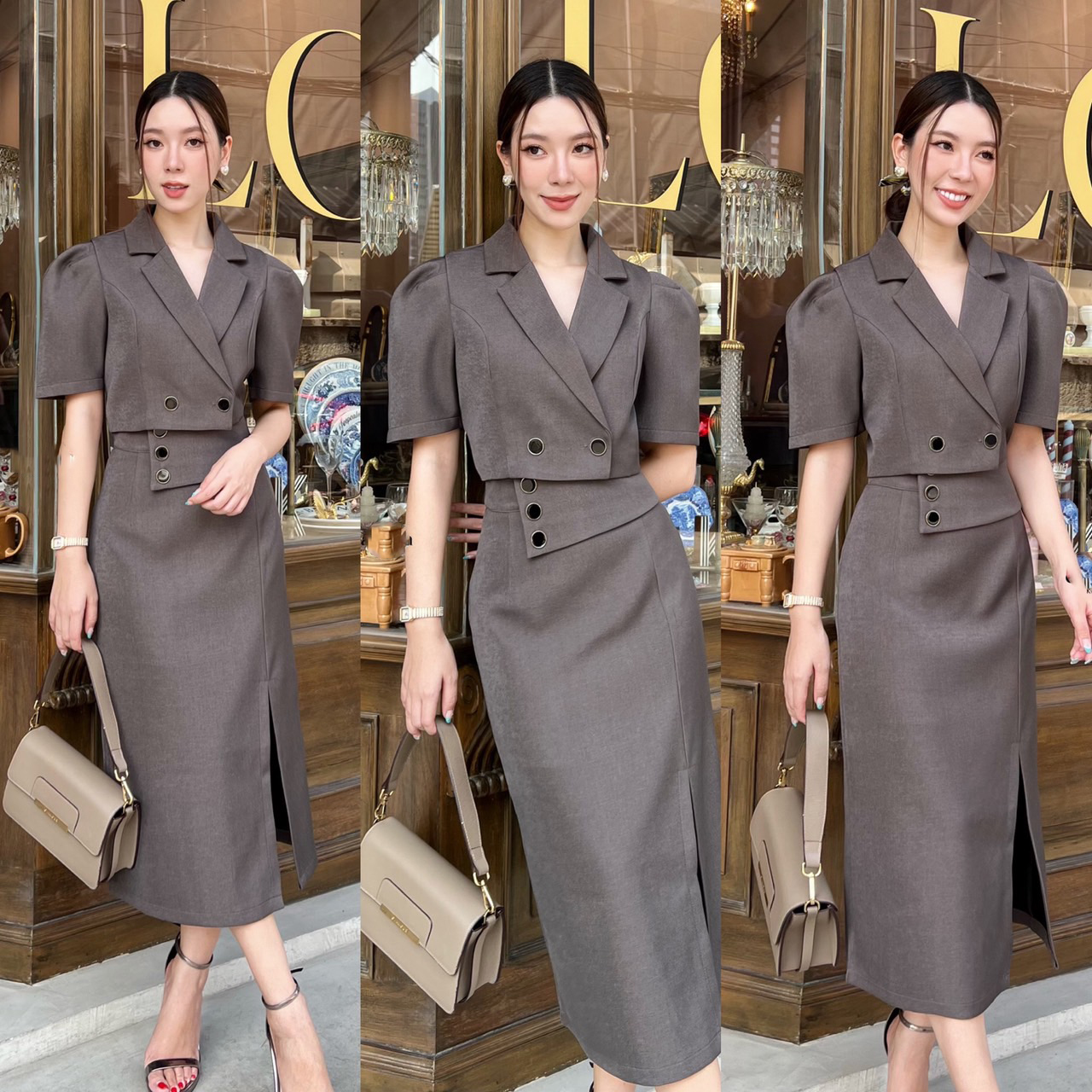 kudapy ชุดเซ็ทเสื้อครอปตัวสั้น+กระโปรงยาวคลุมเข่า แหวกด้านหน้าให้ดูสวย แอบเซ็กซี่เล็กน้อย กระโปรงป้ายผ้าด้านหน้าแต่งกระดุม