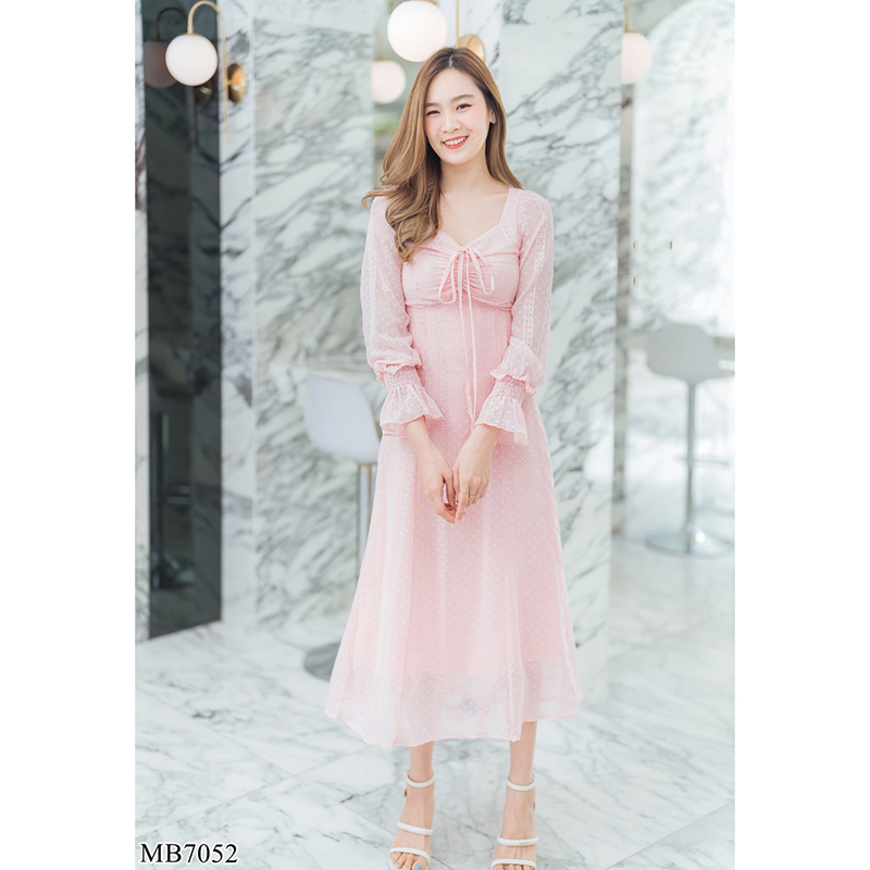 kudapy เดรสยาวสีกรม/สีขาว/สีชมพู แขนยาวลูกไม้ซีทรู สวยดูดีใส่สบายตัว